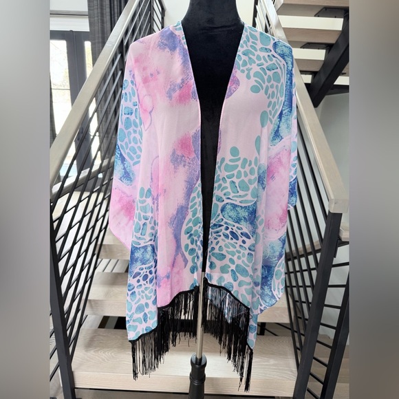 Other - New Bohemian Beach Vacation Pink and Blue Shawl Kimono Cover up with Fringe